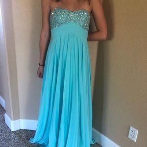 Strapless blue prom dress